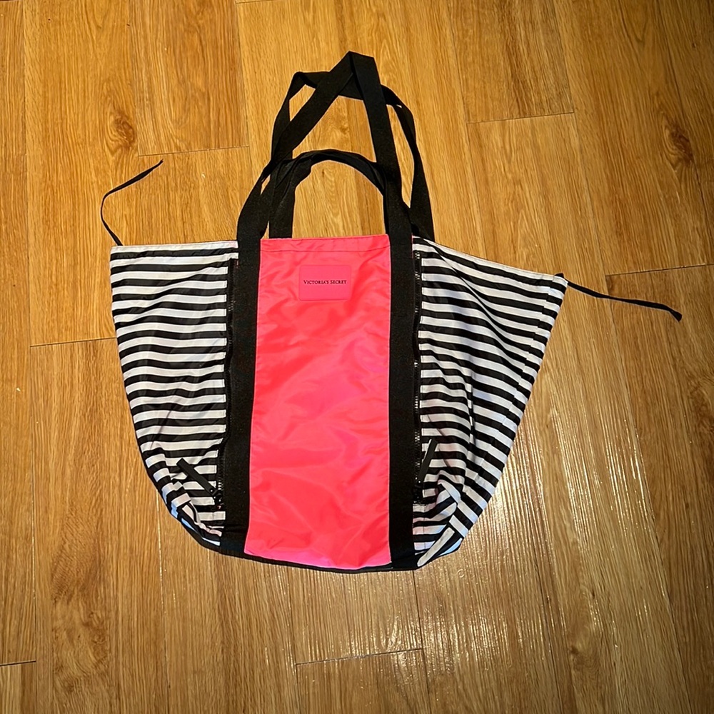 Victoria’s Secret Black,White & Pink striped tote